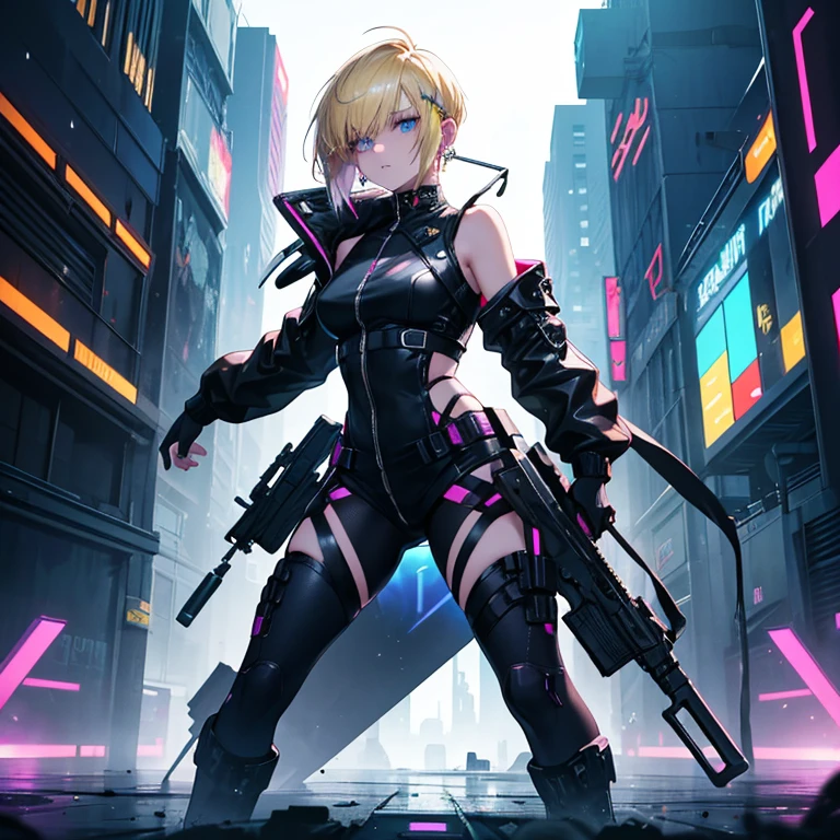 One girl, alone, Close the zipper, Baggy pants, Chest Rig, holster, Ammunition Pouch, neck gaiter, Large scarf, Patrol Cap, headset, microphone, Wide Hips, chest, strap, belt, city, Dystopia, cyber punk, ghost in the Shell, Neon Light, night, performer, moon, rooftop, Boob Slash, Mature Woman, Full Body Shot, Combat boots, Curvy, Tight fitting clothes, chestポケット, Shoulder pads, Thigh pads, Knee pads, blouse boots, uniform, headset microphone, Detailed Background, , heliport, Torn tailcoat,