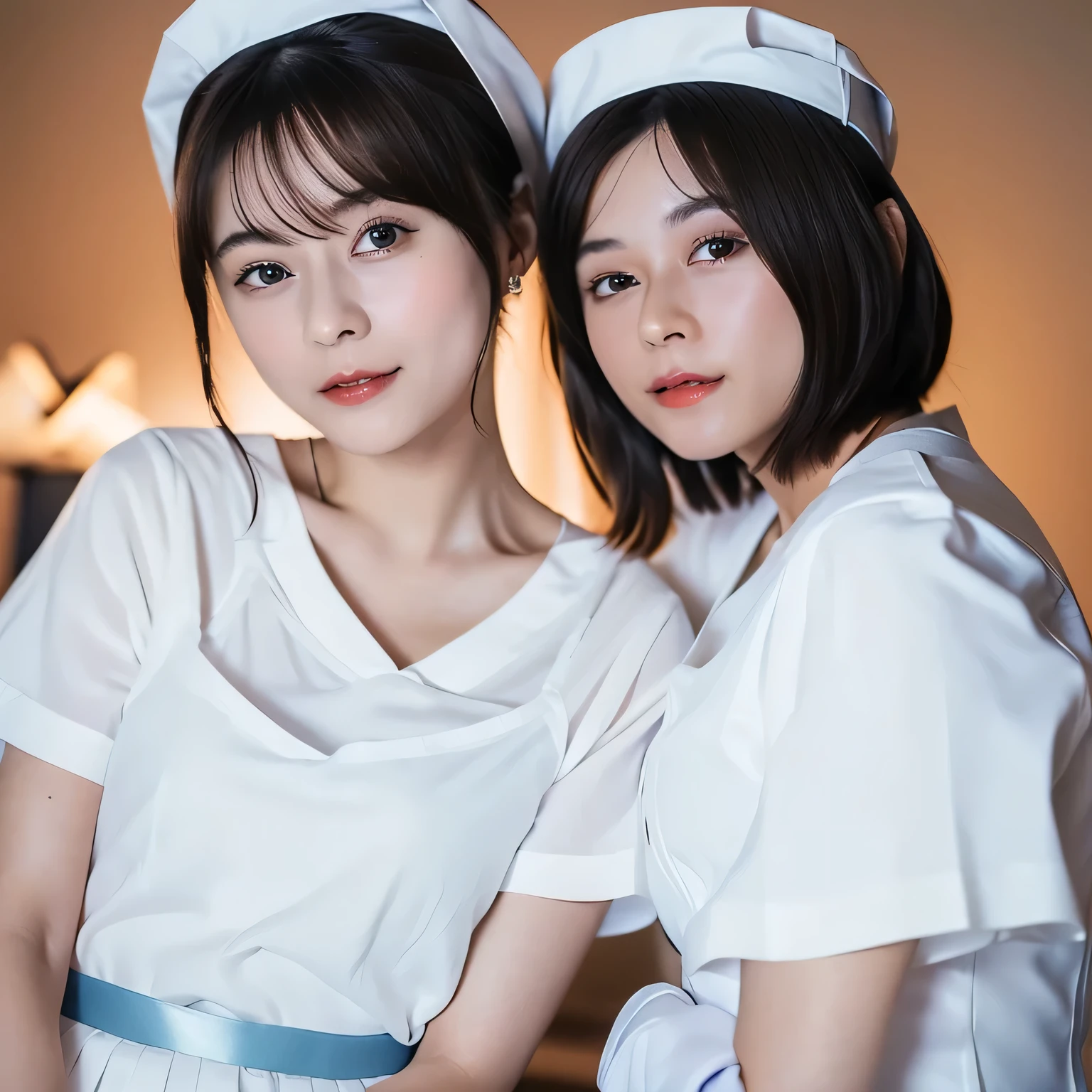 A breathtakingly beautiful 20-year-old woman stands in a warmly lit hospital room, dressed in a white mini-skirt nurse uniform with a matching cap. Her shy smile adds a touch of charm, while the surrounding medical equipment and furnishings create an authentic yet welcoming atmosphere. Dark hair, bob haircut, dark eyes.