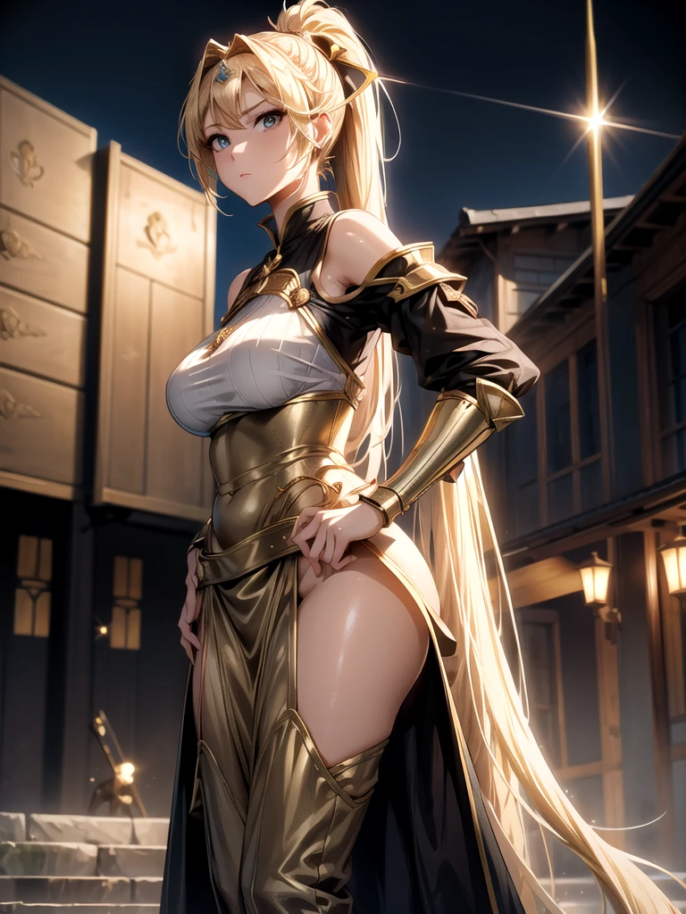 (1girl), masterpiece, absurdres, 8K, best quality, beautiful face, Skinny girl, 22 years old, messy blonde hair, (small perky breasts:1.3), Olivia thirlby, skimpy white spandex leotard with gold trim, torn white stockings, white cape, gold details on clothes, (jumping off the roof:1.5), (cape billowing in the wind:1.3), blue gem necklace, (from behind:1.3), (moonlit night), volumetric fog, New York City skyline in the background, facing away from viewer, (shy:1.7)