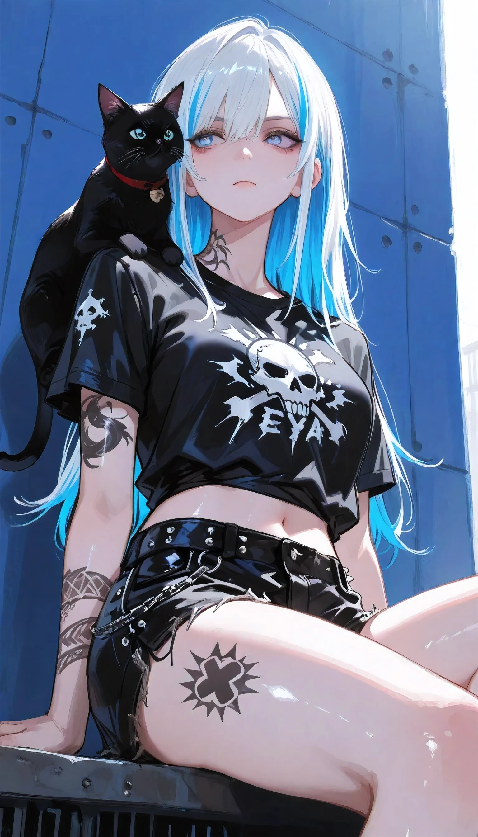 Low angle side, image of a 21-year-old woman , (big breasts:0.5), tattoo, (( Punk style fashion))) ,( short clothes ,navel , waist , Thigh, sitting upright , sexy leaning),long hair, BLUE HIGHLIGHTED HAIR BLUE-EYED WOMEN, turn off, Gentle face, busy , Shiny hair, , ideal shape , perfect eyes , perfect hand, Highlight , perfect eyes, shorts, Black cat on the shoulder , serious face, (( ใบหน้าที่มีdetails Tall )),Best quality , masterpiece , details Tall