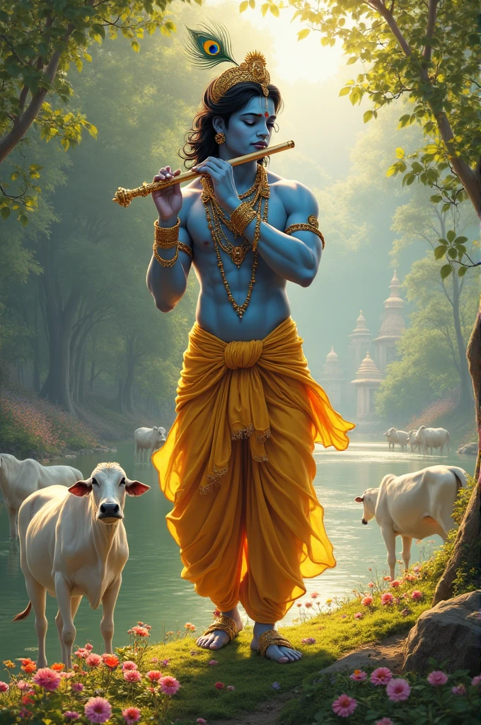 Lord Krishna in jungle with cows and his 10 friends