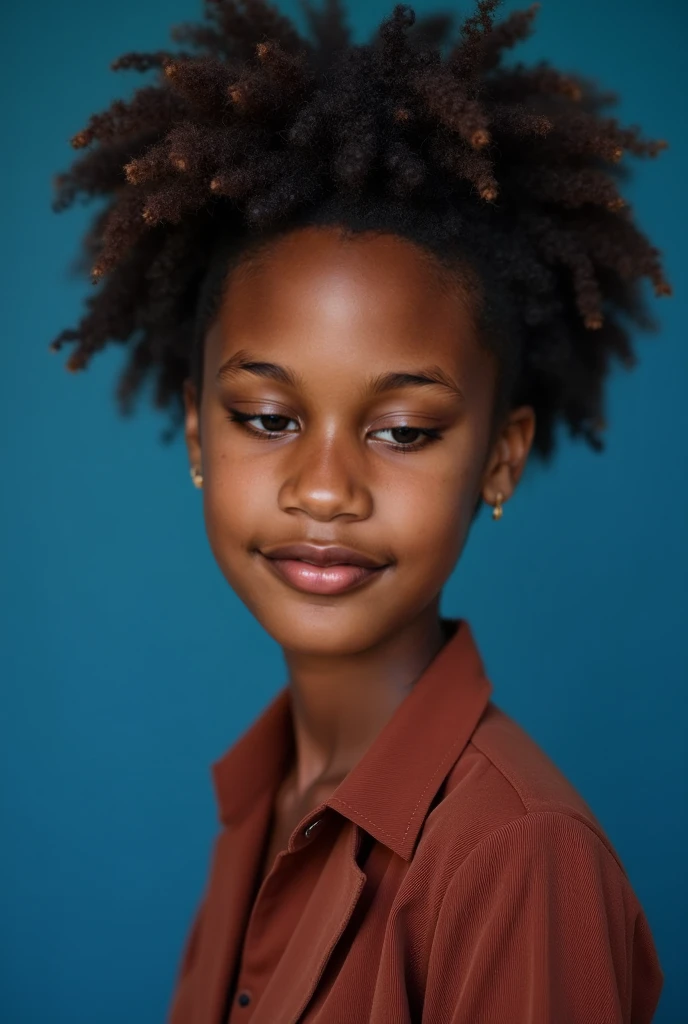 One thirteen years old androgynous girl, black , copper skin, black short curly hair, (curly hair), pixie cut, shaved hair on the sides, colored highlights, blue highlights, green highlights, red highlights, purple highlights, one young girl  (cute), freckles, dark green eyes, cute pose, excited pose, dynamic pose, fun pose, smiling, in love, sitted cris-cross on a counch arm, sitting wrong, emo outfit, emo makeup, black outfit, chocker necklace, emo boy,