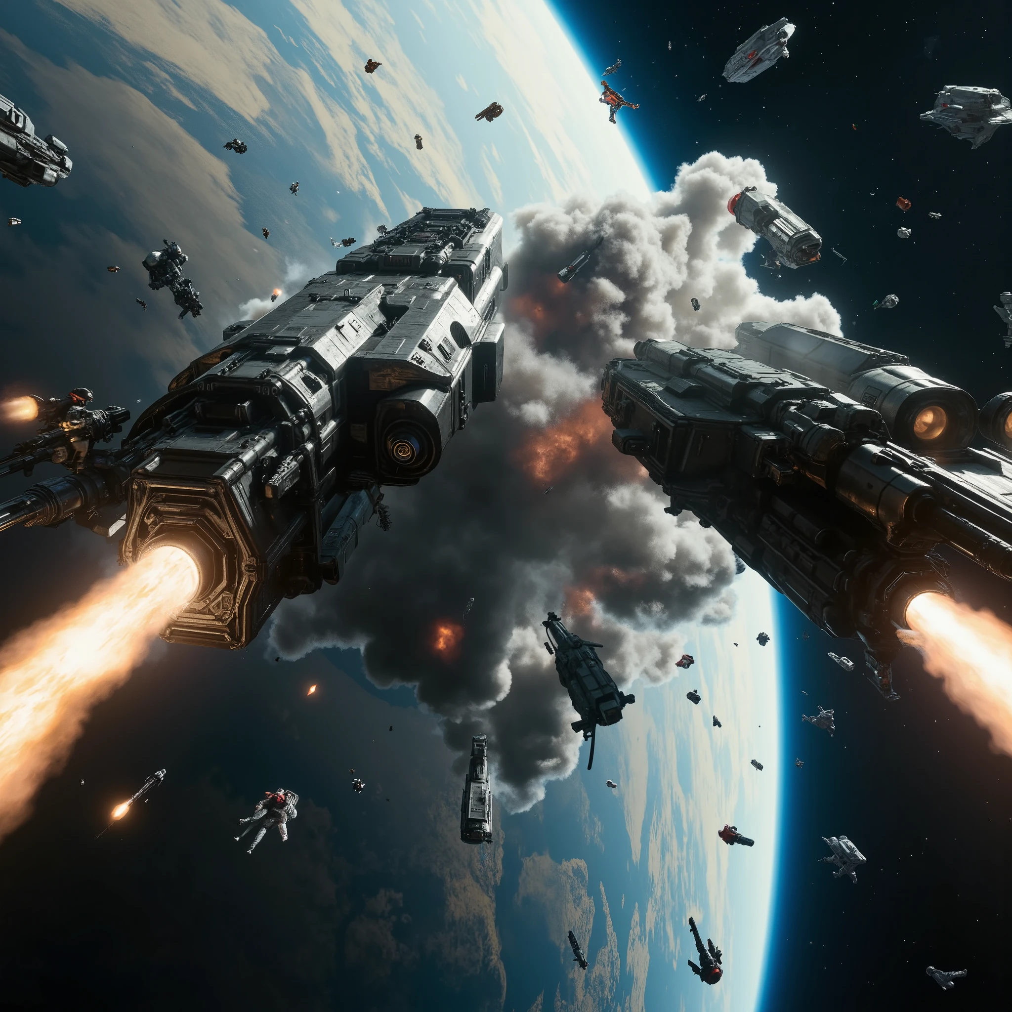 Ultra sharp cinematic sci-fi space war photo, photorealistic low angle view of two enemy spaceships colliding at high speed in space. Both ships have a technocratic and military design. Although they are both armoured by big steel plates with intricate technical details, it is obvious, that they are from two different nations or planets. There are still some gunturrets at the stern of the vessels firing at the enemy ship, while the front sections are completely destroyed by the collision. ((Explosions and energetic discharges are lighting a thick cloud of splintered metal parts, broken armour-plates, technical equipment, all free hovering in space, where the crash happened)). Killed astronauts in spacesuits and helmets are drifting into space. In the background other spaceships of both factions continue the battle. The destroyed front sections of the ships are visible in the center, the sterns are at both sides, the image composition resembles a tunnel or a vortex. The chaotic scene is defined by the firing turrets, the debris and an unfiltered hard sunlight in an absolute vacuum with deep shadows, (((highly detailed))), UHD, 16K