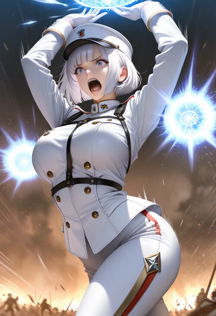 18 year old girl，silver wavy short hair，Smile，Huge breasts，Cleavage，Transparent red sleeveless top，Leave space in the middle to reveal Cleavage，blush，blue eyes，red miniskirt，White gloves，White hand sleeves，White boots，Science fiction，future，robot driver，There&#39;s a pistol on the sling，Wear earrings on one side only，Leather neck brace，There is a belt around the waist，Inside the huge robot cockpit，Sit in the driver's seat，It was dark all around，Sexy，lipstick