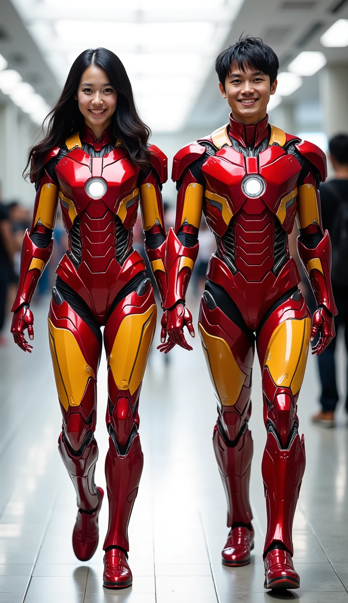 character: ung man, and 1 yowomen. They have black hair and They have oriental faces.
action: Walk straight and look straight ahead.
Expression : smiling.
Costume : they Wearing futuristic red orange Ironman body suit
Background : A bright indoor public space , with people vaguely seen in the distance, shows that this picture was taken at a fun event or get-together, maybe a convention or costume . They radiate happiness as they walk confidently in their superhero costumes. Show the whole body.