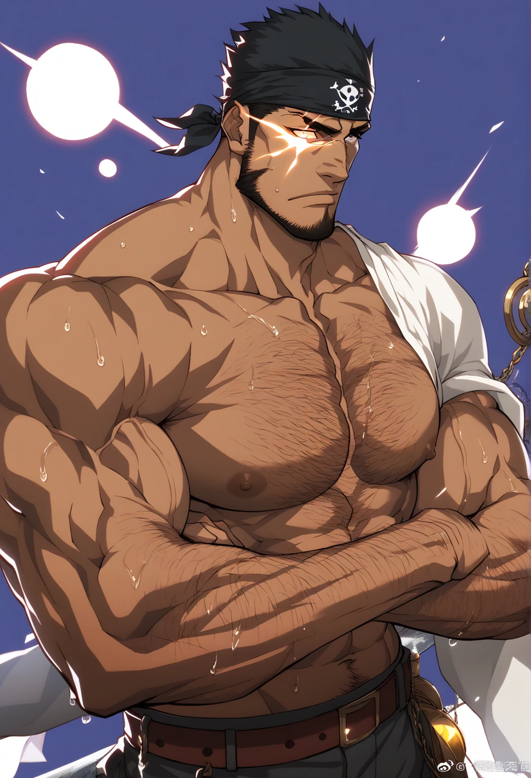 A sexy antique man with long hair and beautiful blue eyes showing abs