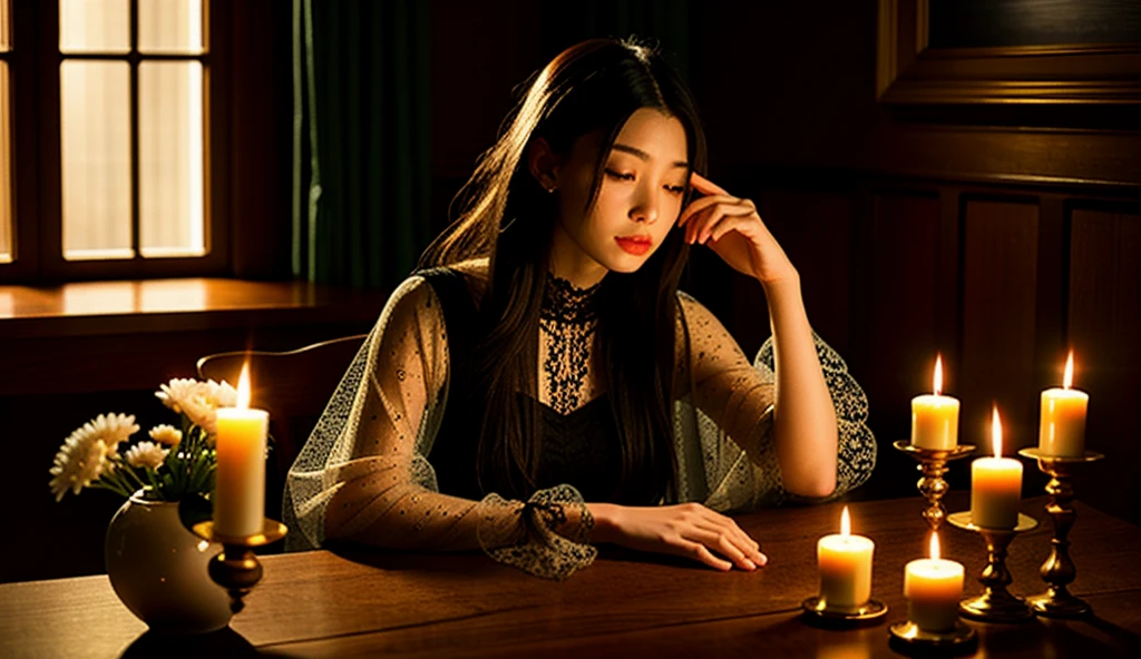 fire, fireplace, flame, candle, sunset, burning, explosion, 1girl, candlelight, torch, black_hair, campfire, molten_rock, orange_sky, long_hair, evening, barefoot, candlestand, lips, solo, lamp, jewelry
