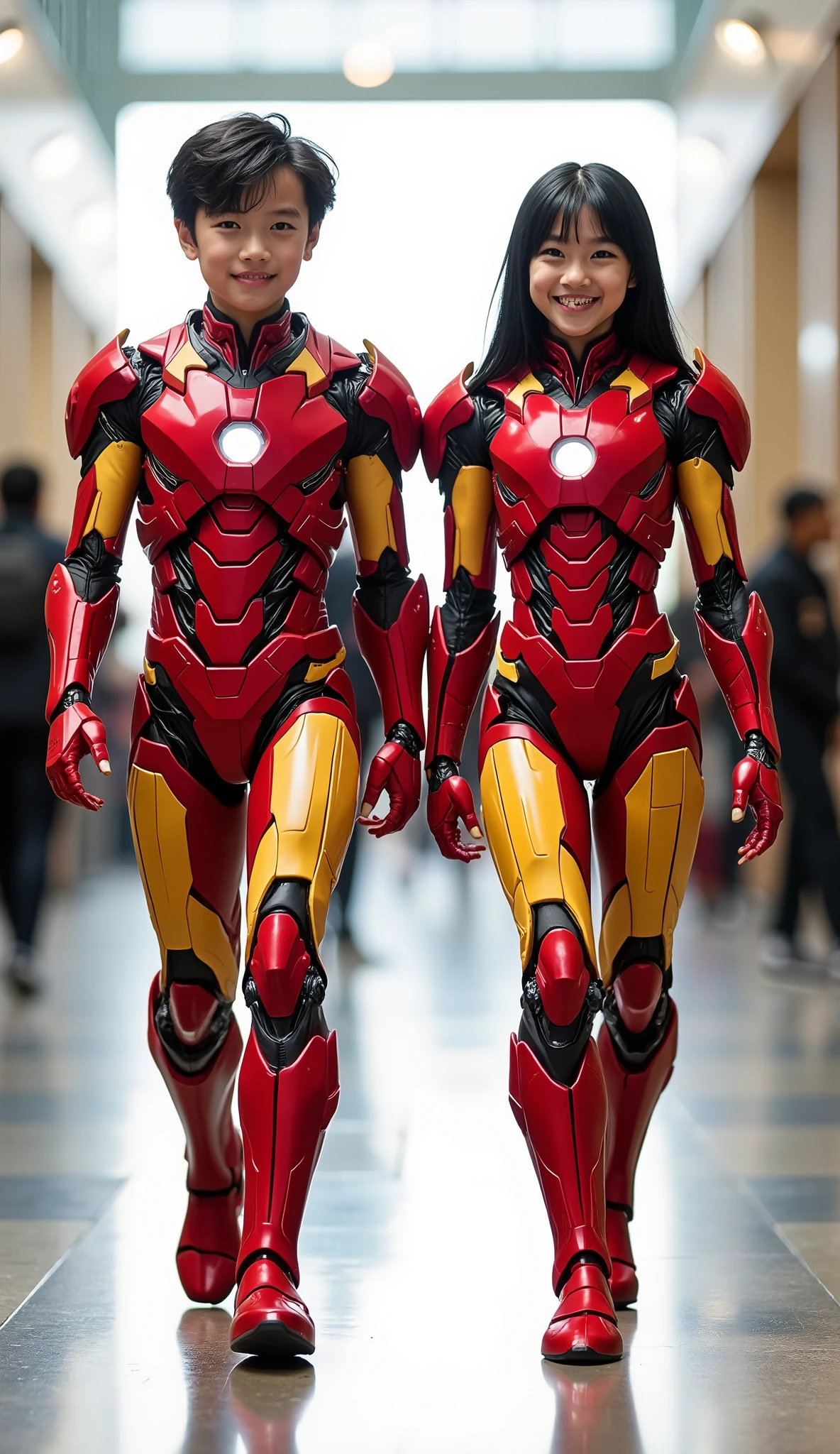 character: 1 boy,  and 1 girl. They have black hair and They have oriental faces.

action: Walk straight and look straight ahead.

Expression : smiling.

Costume : they Wearing futuristic red orange Ironman body suit 

 Background : A bright indoor public space , with people vaguely seen in the distance, shows that this picture was taken at a fun event or get-together,  maybe a convention or costume  . They radiate happiness as they walk confidently in their superhero costumes. Show the whole body.