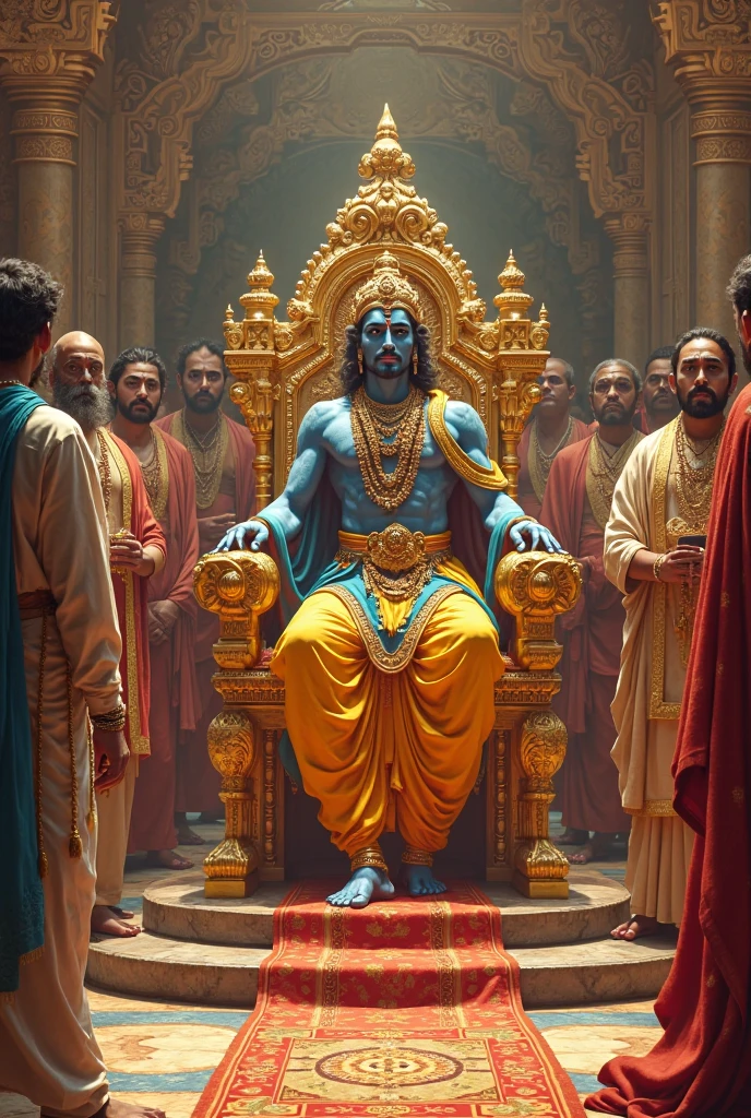Sri Krishna as a king sitting in chair with people VILLEGE backdrop