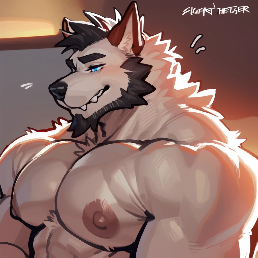 master part, best quality, in a bedroom, Detailed background, gray wolf, White fur, big pink, abs, hairy, Smile, perfect red eyes, upper body, male focus, jock, look to down me, suspenders, pectoral muscles, sleeves rolled up, watch, watch, wolf ears, beard, blush, sweat black and white stripes, collar dog, sweating, happy face, handsome, view looking up from directly below, sit on chair, glasses, white background, hands behind back, thick penis out of jockstrap, hand handjob