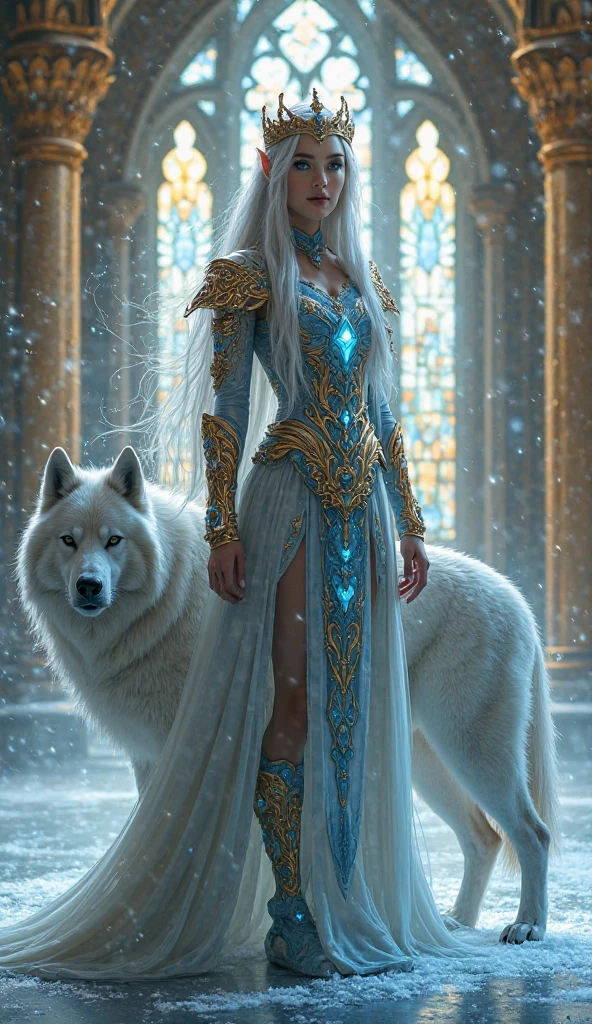 A stunning elven warrior with long, flowing silver hair and piercing ...
