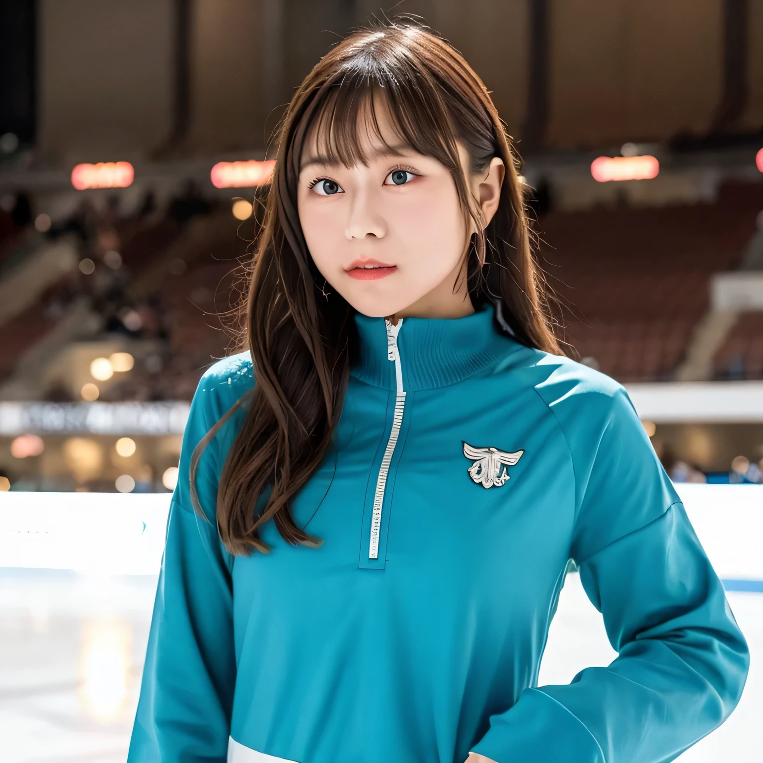 Depict a 20-year-old, stunningly beautiful woman gracefully gliding across the ice in a grand skating arena. She wears an elegant and intricately designed figure skating dress, adorned with shimmering details that reflect the arena lights. Her expression is serene yet focused, her movements fluid and dynamic, capturing the poise and strength of a professional skater. The background features a vast ice rink with soft lighting, enhancing the elegance of the scene. Dark hair, long hair, dark eyes.