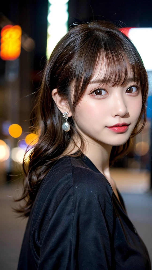 Tabletop, Highest quality, shape, Very detailed, finely, High resolution, 8k wallpaper, 完璧なダイナミックな構shape, finelyて美しい目, one piece,Medium Hair,Natural color lip, smile,2、cute、Looking into the camera、F Cup、Brown Hair、Blurred night New York background,Earrings,(Pinkal),Model pose,