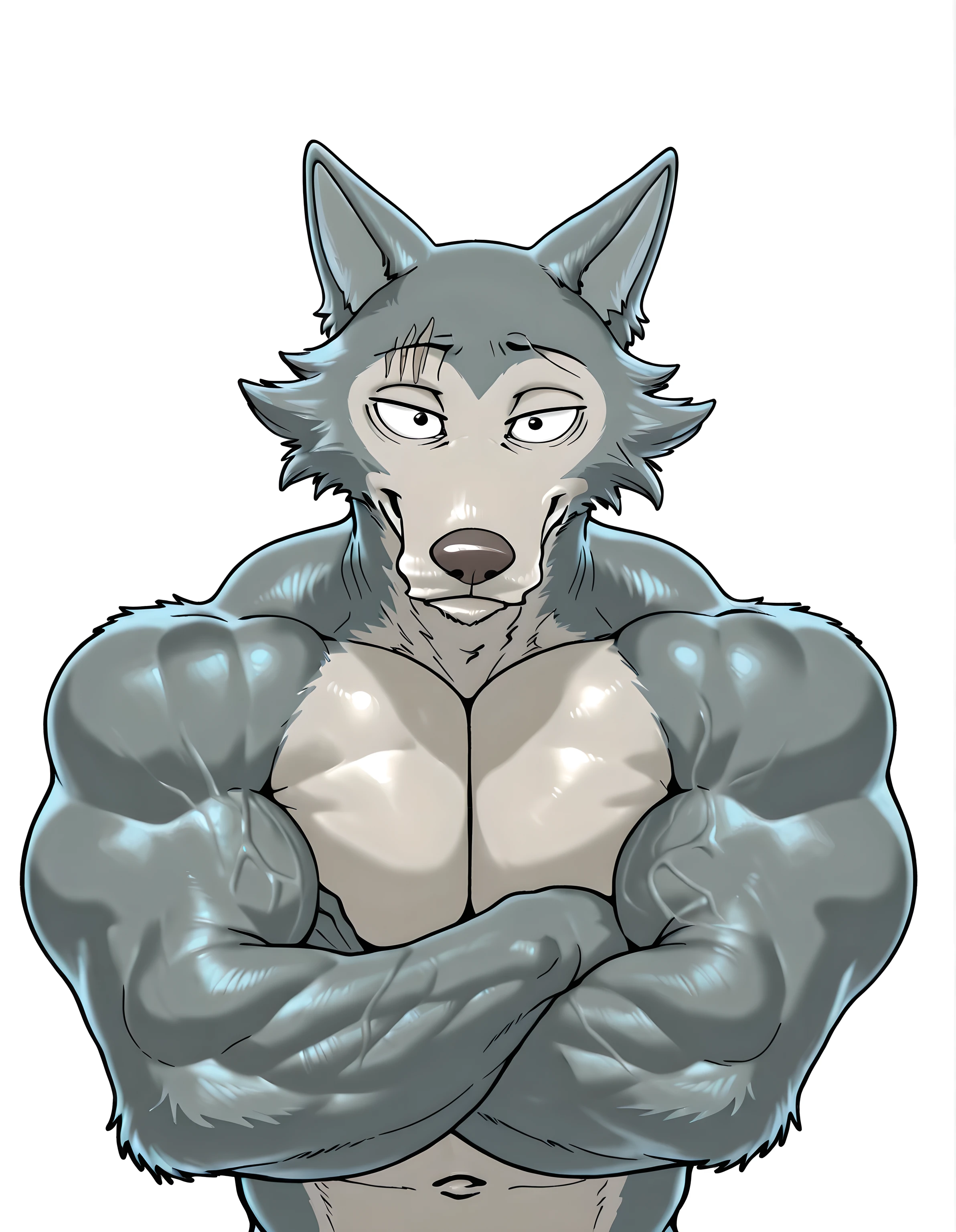 l3gosh1, beastars, male, solo, wolf, muscular, athletic, masculine, (small eyes), shirtless, simple background, thick arms, half body, by anhes