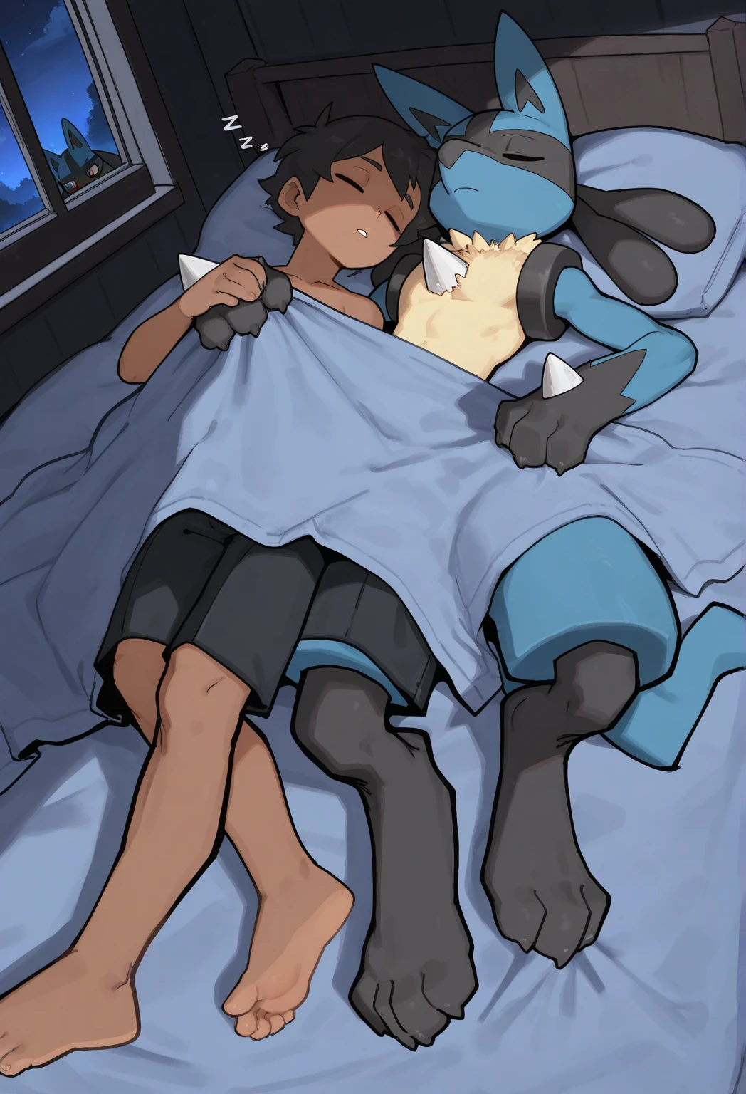 ((soft shading, 4k, hi res, detailed face, detailed, Best quality, masterpiece, detailed anatomy, detailed eyes, detailed hands with claws, detailed feet, perfect shading)), by Goonie-san, by Haps, by Bebebebe, 2male, (Lucario, sleep), ((in the bedroom, lying down, side by side, night time, blanket covering them)), (Human, brown skin tone, young body, short black hair backward, black jogger pants, sleep)