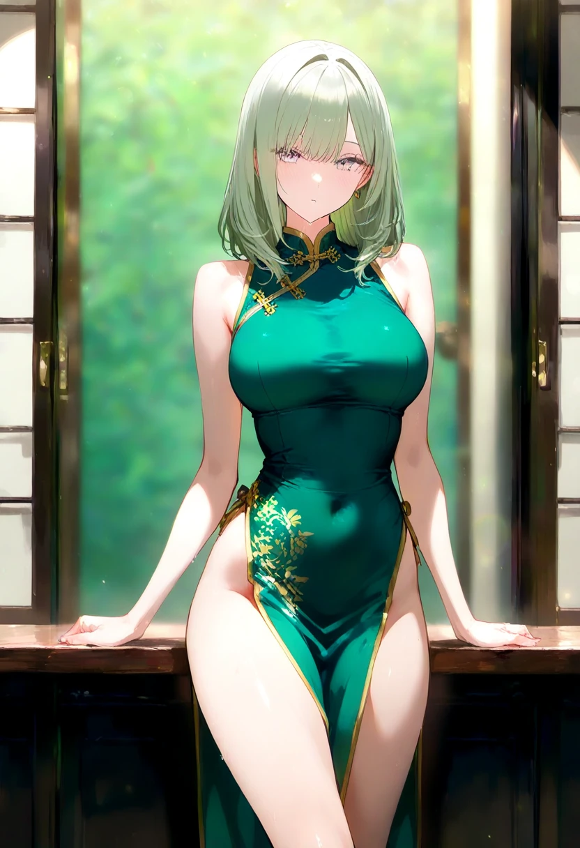fubuki, 1girl, solo,, green eyes, medium hair, green hair, High resolution, adult woman , good lighting, despicable, , (No nudity), (((China dress))), (()), ((())), (garter belt), abdomen only, (), , cute face, I'm embarrassed and blush, humiliating, ((turn around and look back)), ((See-through))()(T-back)(a large amount of is on the body,) green hair, short hair, green eyes, heart shaped lips, painted red lips.