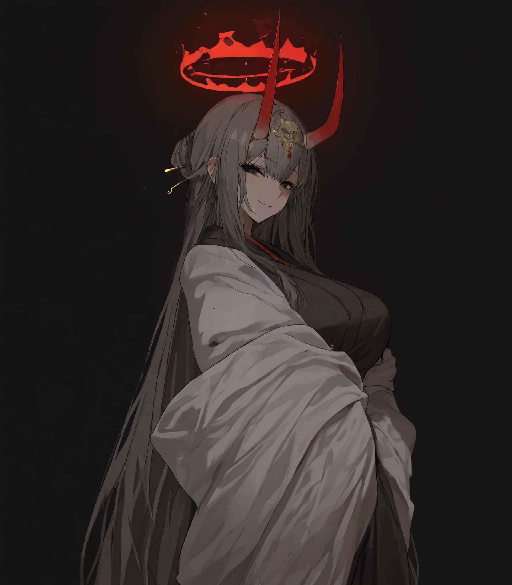 Nurarihiang,long hair,Headpiece,smile,Long Black Kimono,White Kimono Shawl,standing,Red Halo,big breasts,Slim Gold Hairpin,black hair,Yokai ,Curved, shortened black back theme ,Gray hair,Villains,awesome,There is a red horn, in black eyes,milf, Ghoul eyes,black background,He is red, very long., mommy