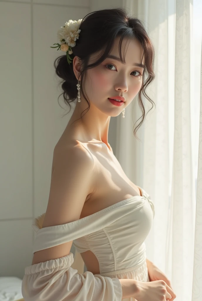 Beautiful woman from the front wearing a tight white dress