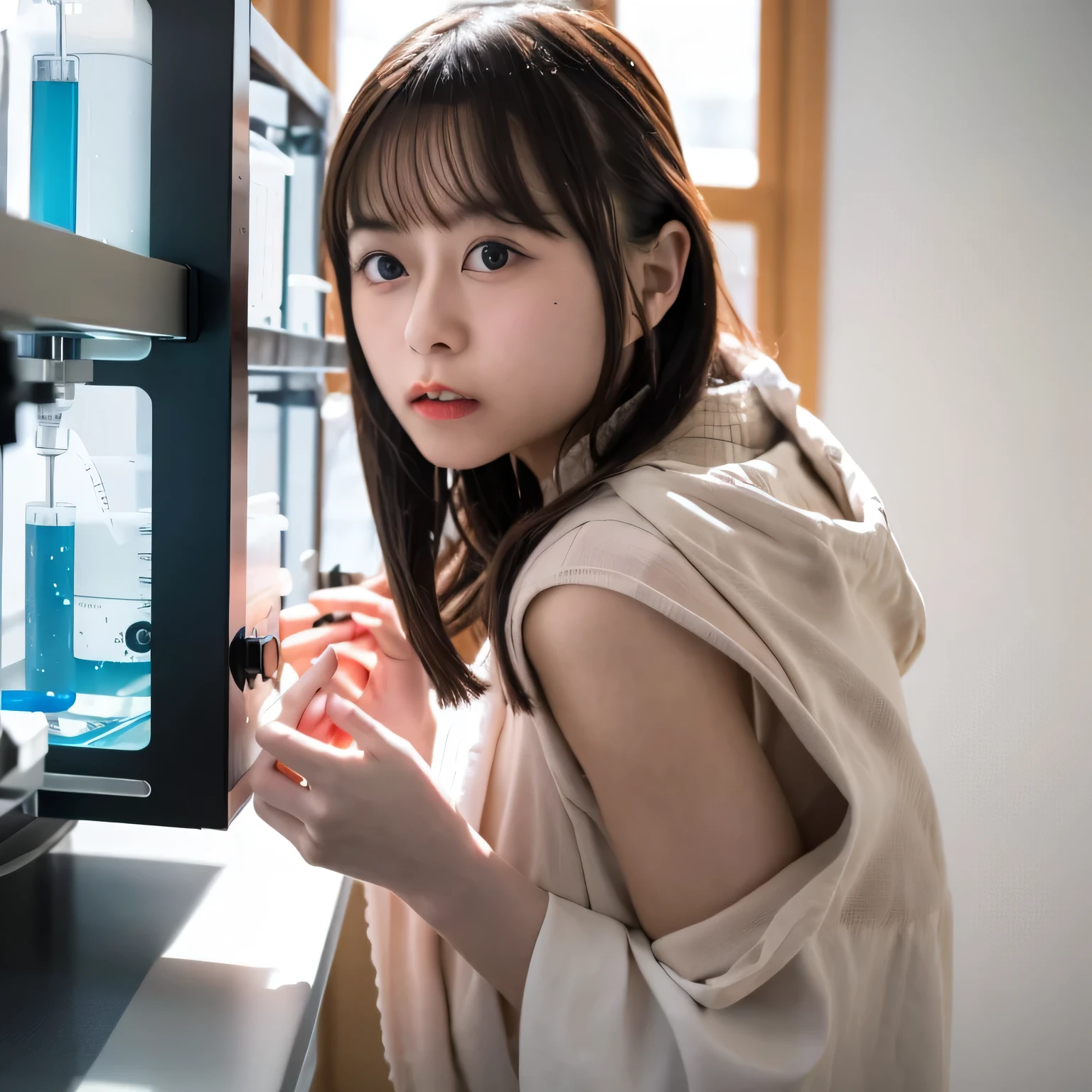 Depict a 20-year-old, stunningly beautiful woman conducting an experiment in a well-equipped science lab. She wears a pristine white lab coat over professional attire, her expression focused as she carefully handles scientific instruments. Whether her hair is long and neatly tied back or short and styled, she maintains a meticulous appearance suited for the lab environment. The background features shelves filled with scientific equipment, adding to the immersive atmosphere of the setting. Dark hair, long hair, dark eyes.