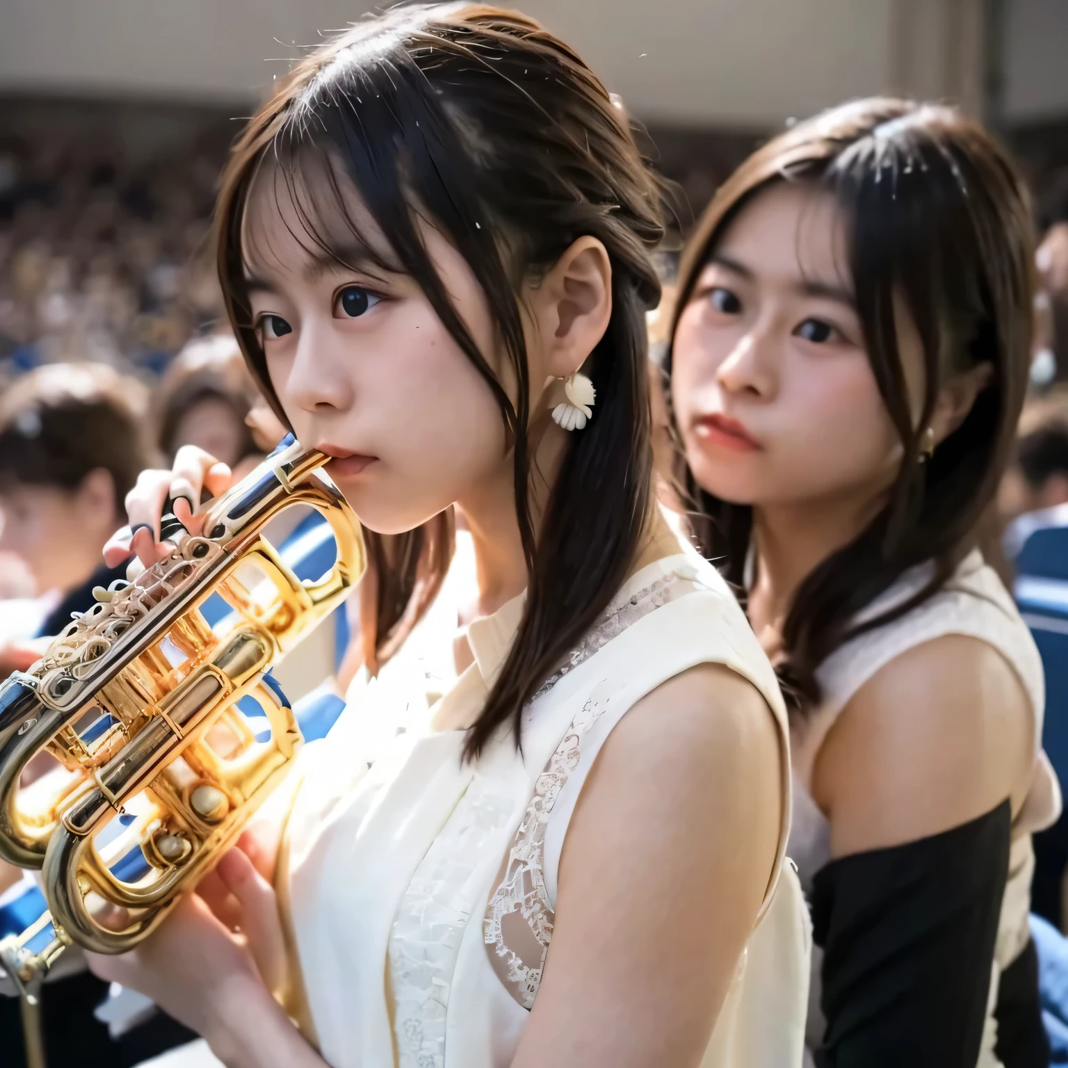 Depict a 20-year-old, dazzlingly beautiful woman playing a brass instrument in a grand concert hall. She wears an elegant yet practical band uniform, designed with intricate gold embroidery. Her posture is poised, fingers positioned with precision, her eyes focused as she plays passionately. The warm stage lighting highlights the shine of her instrument, creating a visually striking contrast between her and the surrounding orchestra. Dark hair, long hair, dark eyes.