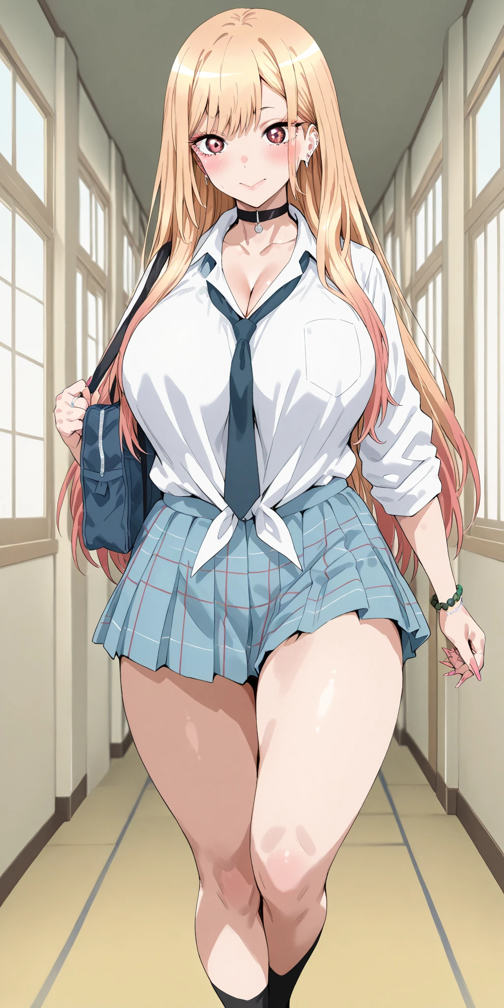 Masterpiece, best quality, 2 girls, young girls, fed_fox eyes, dirty blonde, sad _face, shiny skin, medium breasts, beautiful leg line: 1.3, thick thighs, thin waist, school uniform, thighs, tie, (pencil skirt)), red high heels, pantyhose, city view, looking at the audience, from below, full body, glasses, panties, white panties, underwear
