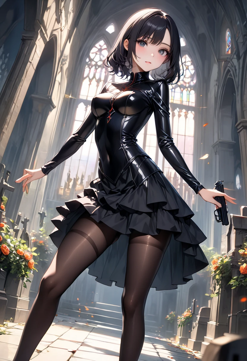 grim reaper, (Evil smile), (((Widow Costume, Leather panties, skirt, Pantyhose, Stiletto heels))), ((Shiny Costumes)), ((skindentation)), skinny, solo, 1 woman, Masterpiece, highest quality, highest quality, 16K, incredibly absurd, highly detailed, 2.5D, ai-generated, delicate and dynamic, very delicate facial expressions, delicate eye depiction, erotic, only sexy woman, ((A cute and kind face)), healthy figure, ((1 woman)), 160cm tall, medium firm swaying bust, Dark Hair, blush, Sweat,Embarrassed,sexy, ((thin thighs)), shiny and lustrous, facing straight at viewer, (((in heat))), ((Oily_skin)), ((Lots of sweat)), ((dutch angle)), ((erotic pose)), (((Dynamic Pose))), ((Transparent and sparkling costume)), ((Inside the church chapel)),