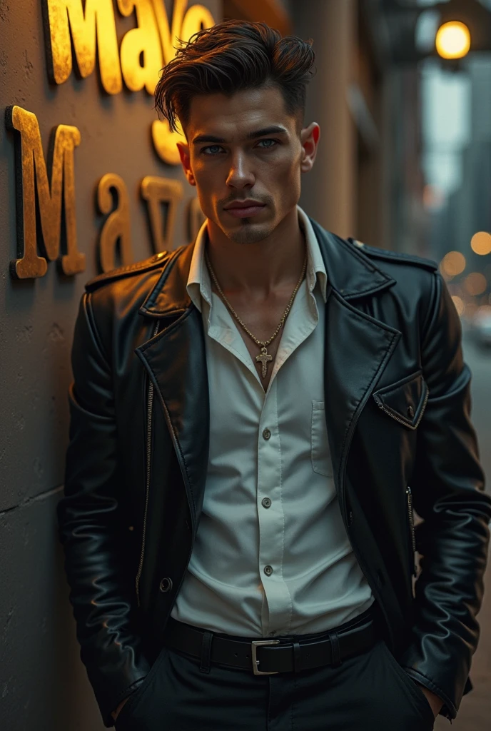 a person wearing a leather jacket, tight jeans trousers, smoking hot, taking cigarette, posting packed, posting for pictures, highly detailed , hyper realistic,