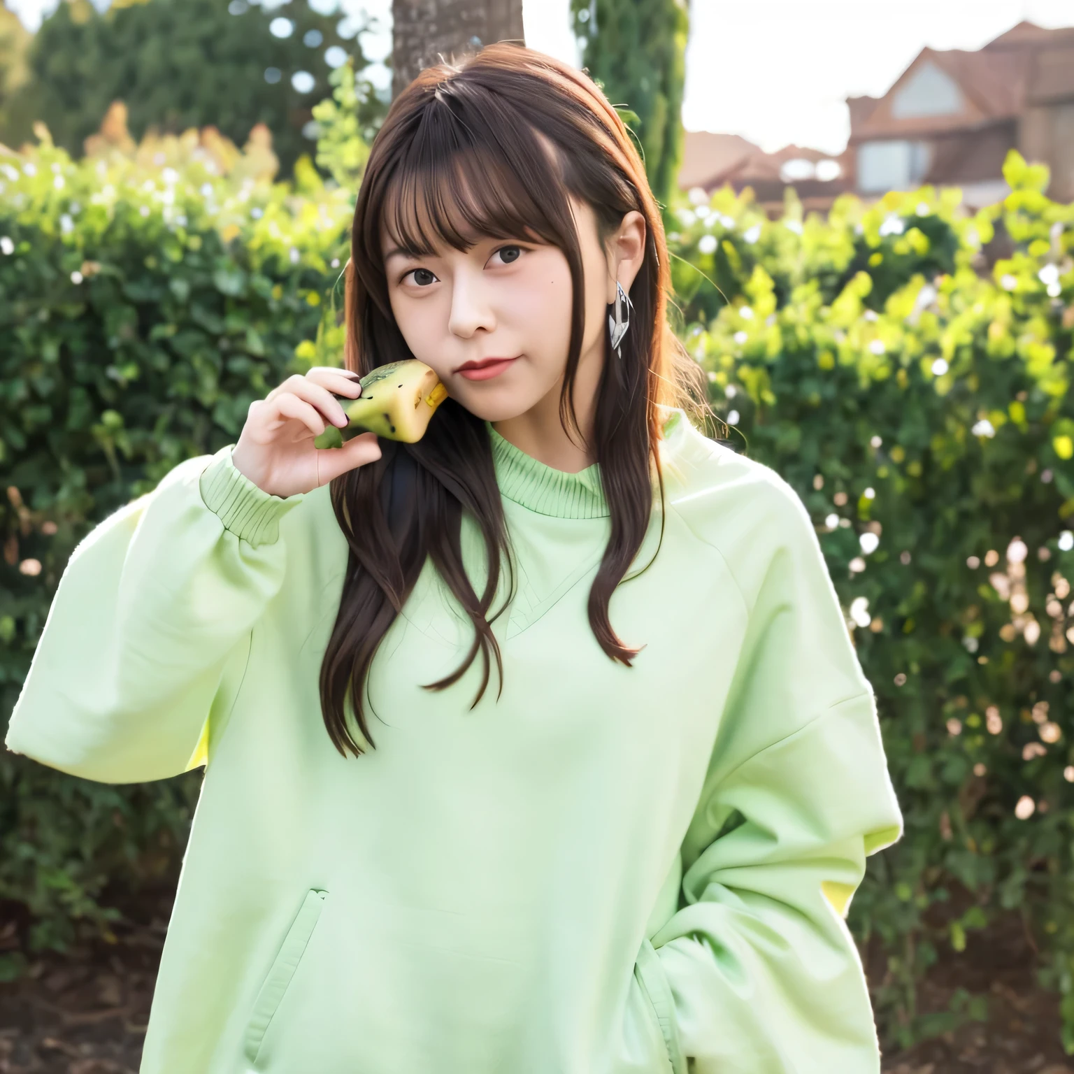 She is holding a banana with its peel partially removed, revealing the white fruit inside. She is eating the exposed white part. Dark hair, long hair, dark eyes.