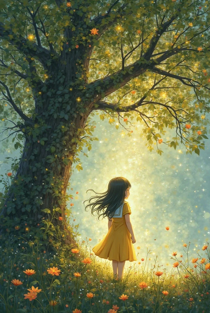 ۔"
3. Prop 3: "The girl stands near a magical tree with sparkling flowers blooming around it. The shoots of the tree seem to be moving towards it as if they were pruning it. The scene is magical and mysterious, even a slight fog envelops the scene.
Yellow sailor kameez cartoon girl