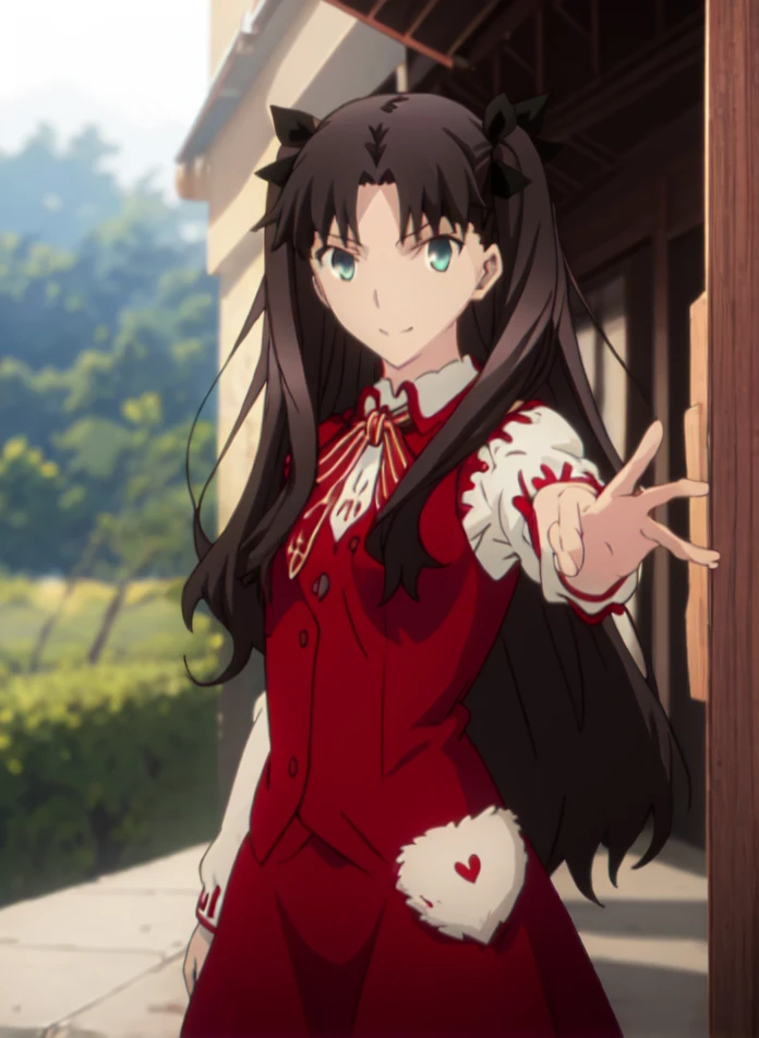 (safe:1.10), best quality, masterpiece, highres, solo, (tohsaka_rin_fatestaynightufotable:1.10), jumping, cowboy_shot, looking at viewer, anime_style, 42, happy and blessed 