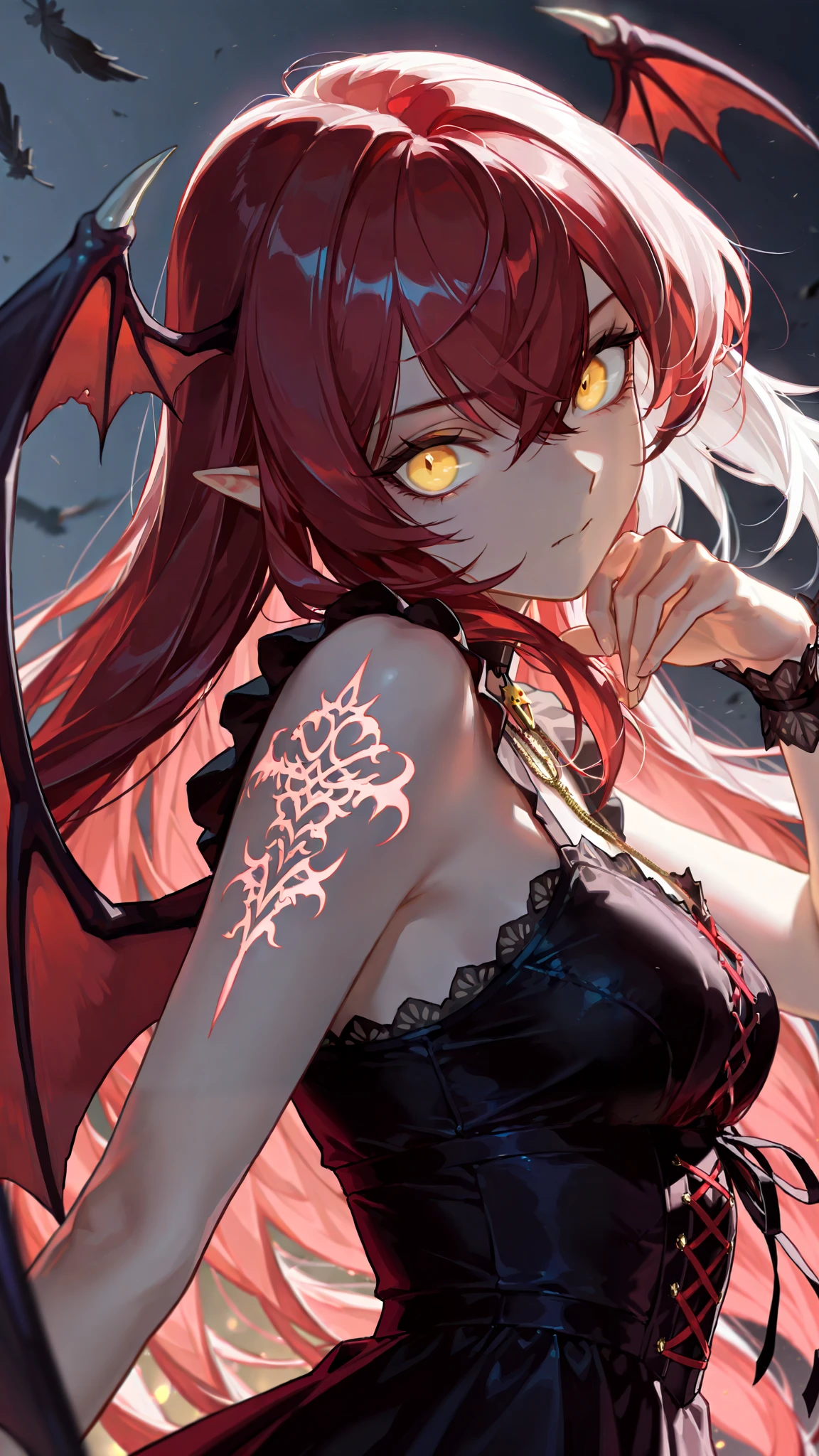 by [arknights|(748cmstyle:0.5)], mature, young adult, masterpiece, best quality, amazing quality, very aesthetic, high resolution, ultra-detailed, absurdres,
1girl, woman, solo, alone,(dynamic pose, looking at viewer, side shot, from the side, upper body focus, three quarter view, close-up:1.2), chloe, dramatic pose, Golden eyes, white hair, red hair, gothic hair, draconic demon, succubus vampire, vampiric draconid, flowy dress, laced skirt, glowing runic tattoos, tattoo, false god, head tilt, constricted pupils, seraphim wings, multiple demon wings, crow wings, 
BREAK, depth of field, volumetric lighting
 