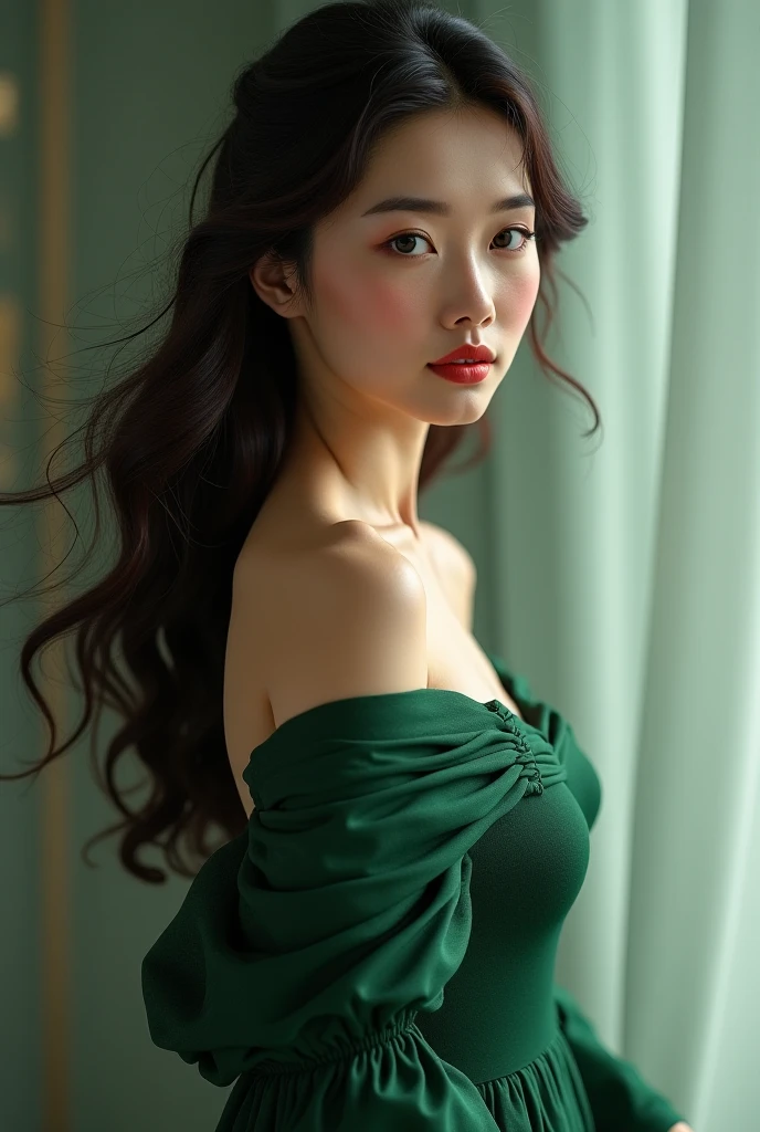 Green Mini Dress Chest Hole One Piece Slim Semi-Long Black Hair Hair Curl Japan Turning