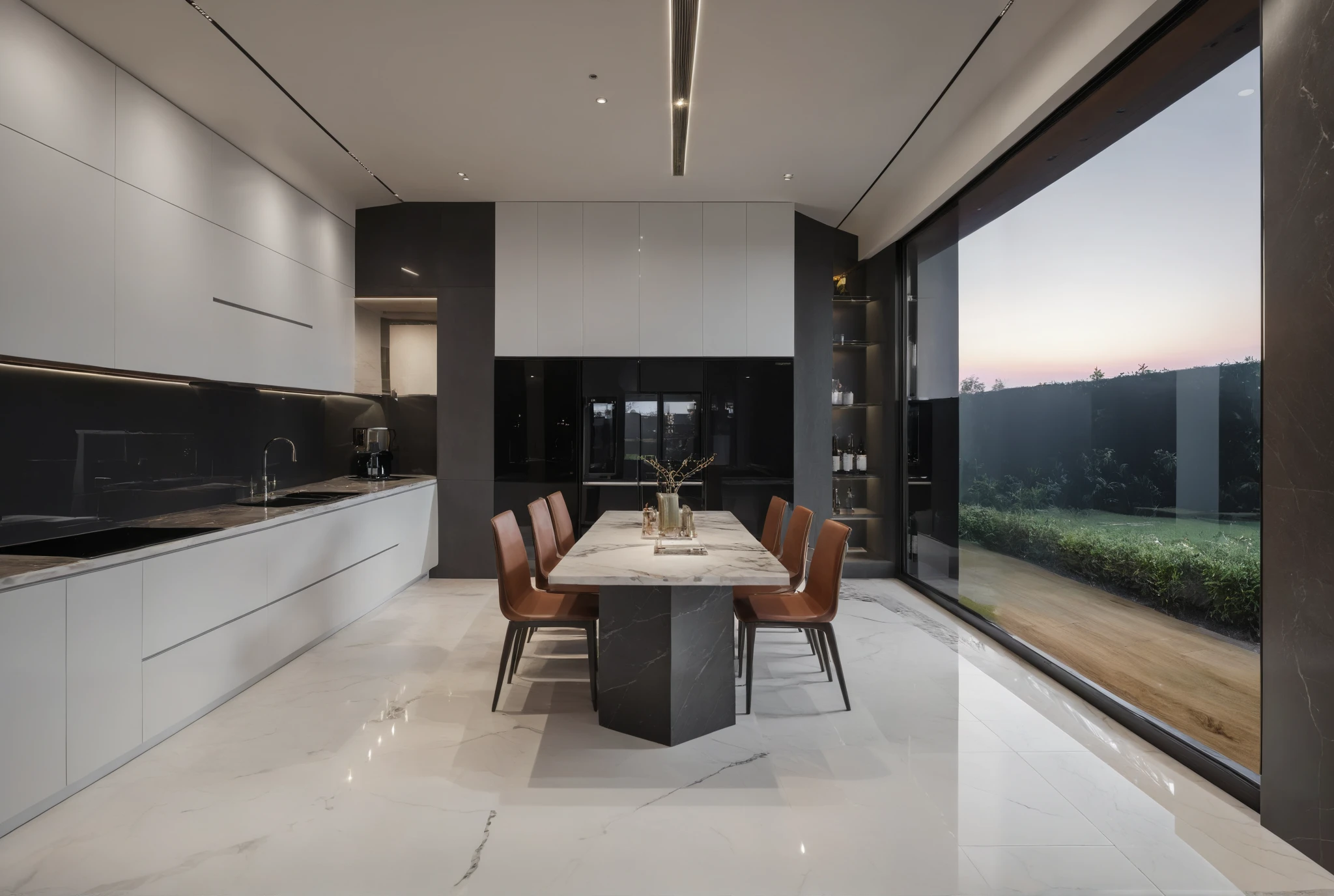 Raw photo,Masterpiece, high quality, best quality, authentic, super detail, interior, indoors, kitchen room style modern, White wall:1.4, White Marble floor:1.3, , (twilight:1.1), vivid colour, (realistic:1.2),