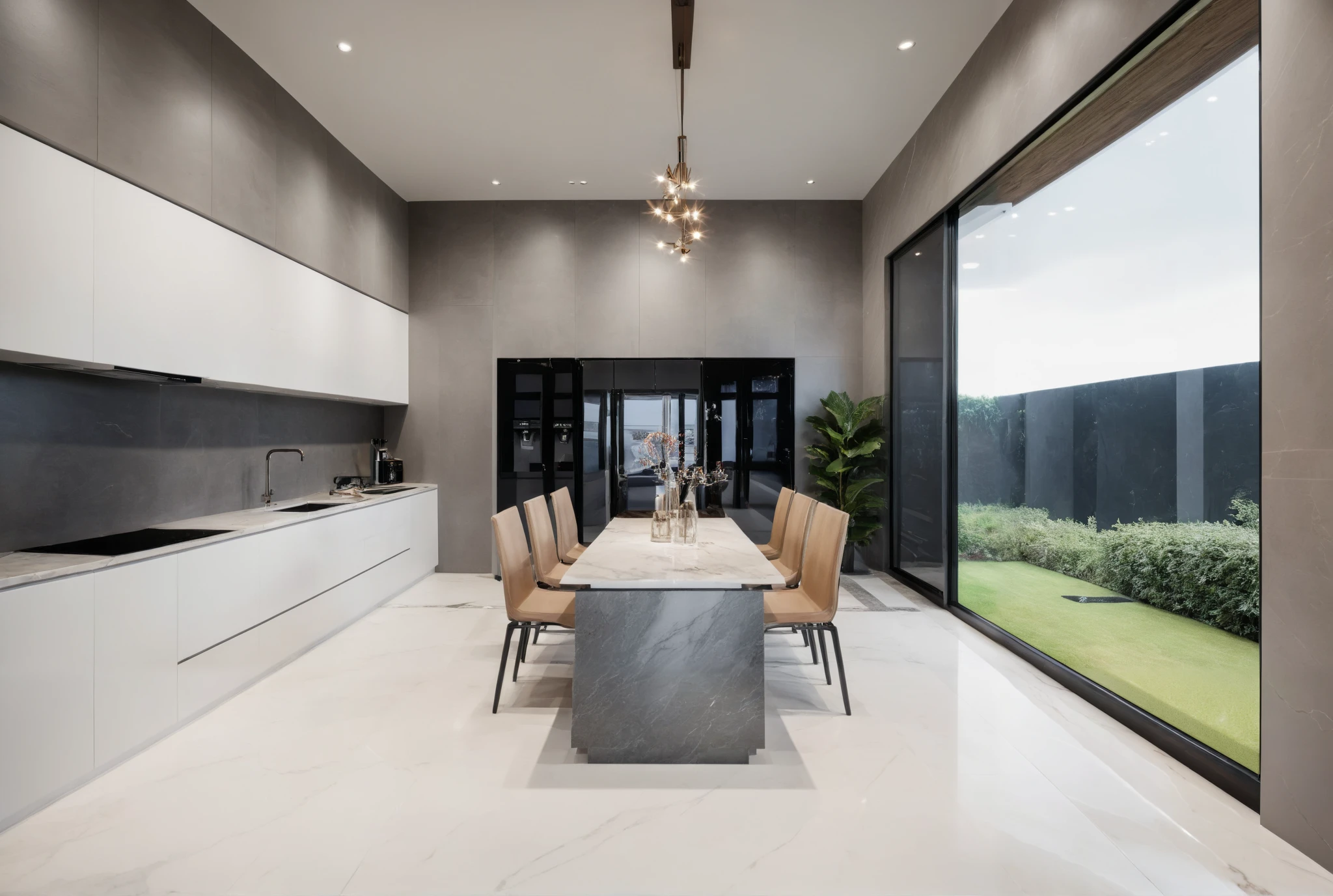 Raw photo,Masterpiece, high quality, best quality, authentic, super detail, interior, indoors, kitchen room style modern, White wall:1.4, White Marble floor:1.3, , (twilight:1.1), vivid colour, (realistic:1.2),