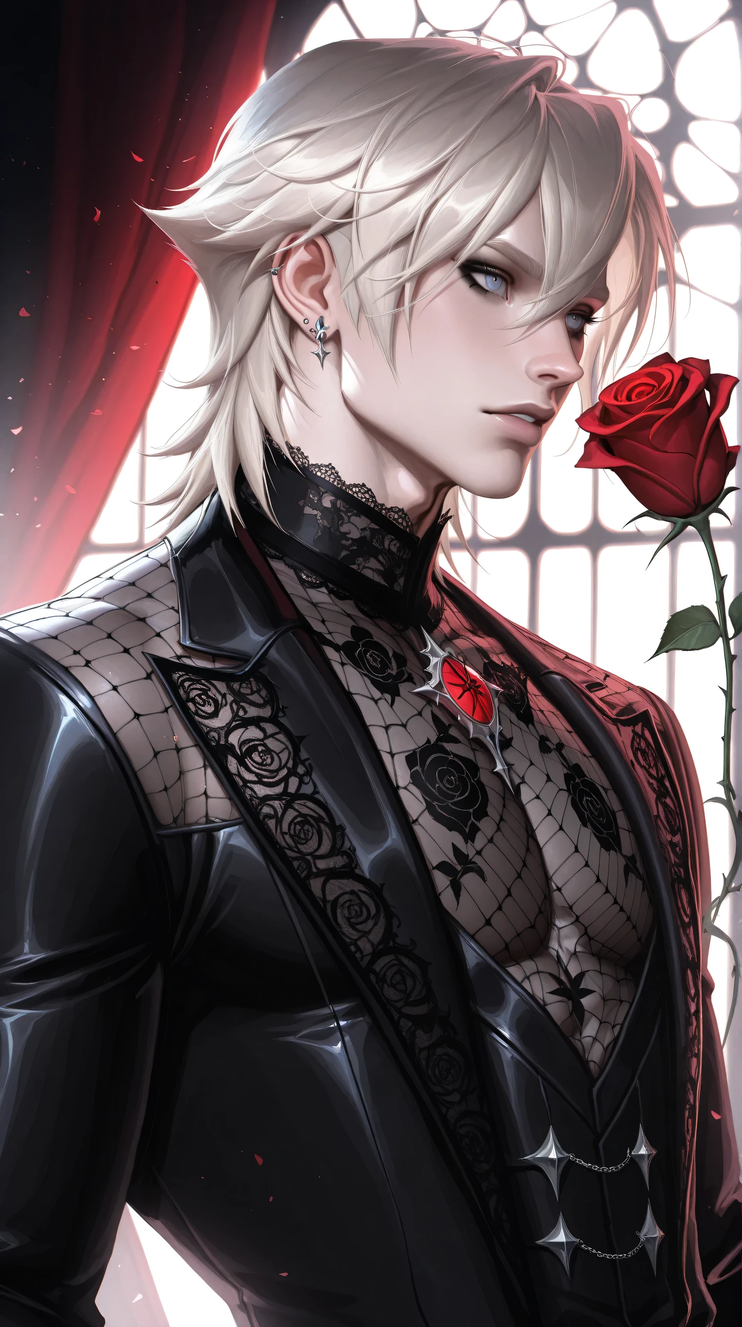 (TangoBat:0.7),(Sakimichan:0.7), 1boy,male, A captivating portrait of a pale-skinned, male with long, flowing, platinum blonde hair, adorned with intricate lace detailing on his black attire, featuring ornate spiderweb patterns and red roses, exuding a gothic and ethereal aesthetic, emphasizing delicate features and dramatic makeup,masterpiece, best quality,absurdres