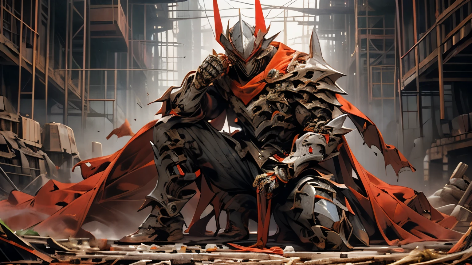 (masterpiece:1.2), Best Quality,ピクシブ,
robot boy ,weapons, sword, armor, holding weapons, holding, holding sword, Alone, gauntlet, cape, red cape, full armor, helmet, Torn cape, focus on men, clothed, Shine, shoulder armor, Red Theme , Shoulder rest, breastplate, Torn clothes, foot rest , Cracks, horn, Knight, Torn, armored boots