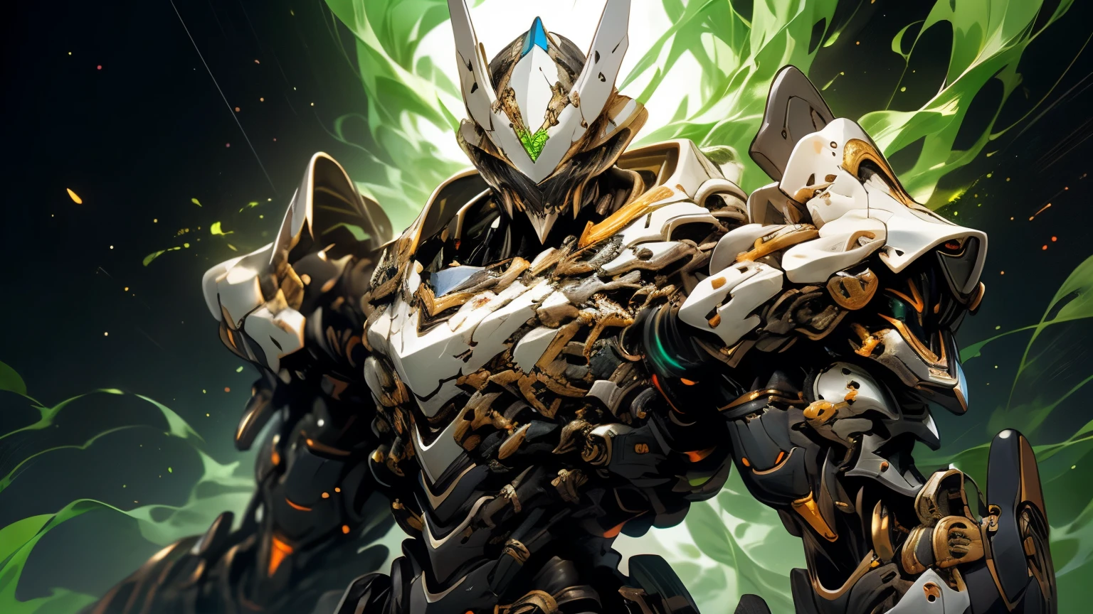 an enlarged view of a god with a white and black biomechanical body, Black and white void , An exquisite fusion of magic and science , White biomechanical detail , Gold marks on part of the armor , amazing character design , White biomechanical detail , White Mecha, highly detailed and elaborate art , exquisite white armor , No face, ring of energy above head ,