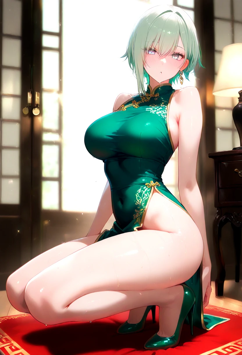One Woman、Braided twin tails、Huge breasts、(Huge breasts:1.8)、Glasses、blue eyes、Green Hair、Red Chinese Dress,Long dress, No sleeve, Black lace knee socks, In the living room, Are standing, Seduce your sexy waist ,I can see your pants,T-back pants,String Panties,Pubic hair sticking out,Pubic hair sticking out,乳首がAre standing,The nipples are erect,The butt is facing the viewer,Showing her butt to the audience,Showing your asshole to the viewers,Showing her anus to the viewers,She spreads her anus open and shows it to the viewers.,She spreads her anus open and shows it to the viewers.,【Half of an eel's body is sticking out of its anus】,【Half of an eel's body sticking out of its anus】,【Half of the eel's body is sticking out of its anus】