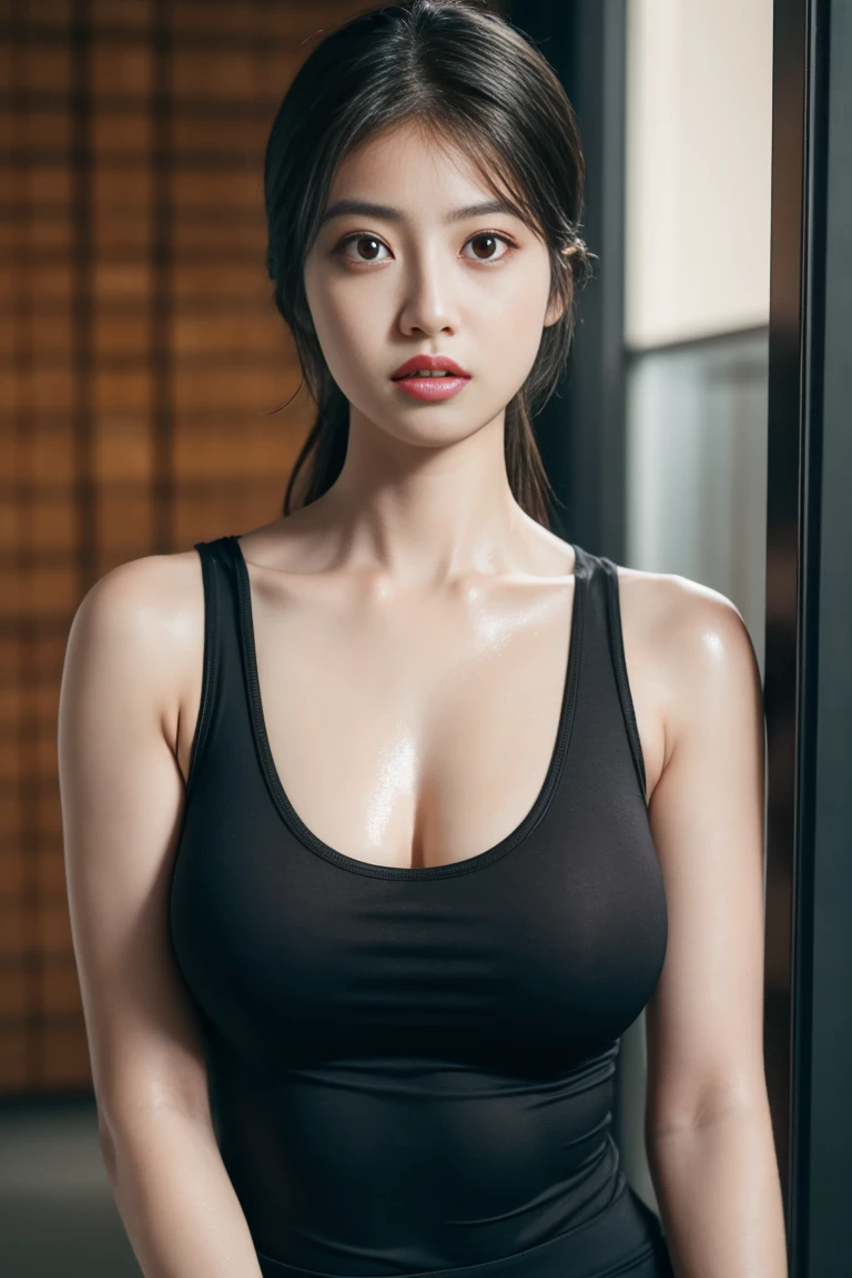 Highest quality, masterpiece, Ultra-high resolution, (Realistic:1.4), RAW Photos, 1 Girl, Black Hair, Shiny skin, Sweaty body, Dramatic lighting, whole body, Female dog, Tank top, Huge breasts