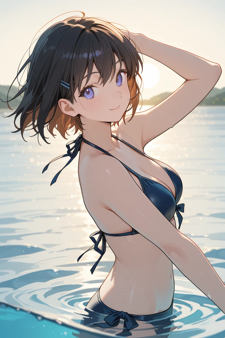 (Master masterpiece、The ultra -The high-definition、extremely fine and beautiful、Ultra-high power of 8 kilometers:2)、(Girl getting wet:1.4)、(looking at another:2)、(Clarity Metallic Blue Bikini:2)、(Transparent skin:1.6)、(short tail hair:1.8)、(Beautiful eyes:1.8)、、(Nominal body type)、(Glamorous:1.4)、(musculature:1.4)、(Thin thighs:1.6）、(Thin leg:1.6)、(A smile)、perfectly proportions，Correct anatomy、Good anatomy、(Moon and Milky Way:1.4)、(Dynamic Angle:1.6)、(sexypose:1.8)、(the ocean at night:1)、