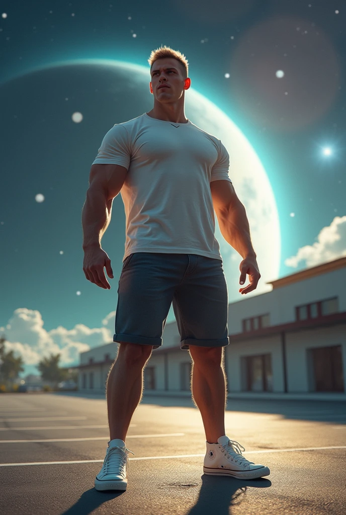 Bishonen anime slim, muscular, hot man, 21 years old, luminous grey iris with weather manipulation powers, wearing white sheer t-shirt, tioght fitted white brief, white socks and white air force shoes, flying 50 feet above the ground in a stormy sky, with lightning bolts in his hands. he creates a hurricane with his powers in the background, dark clouds and lightning fill the sky