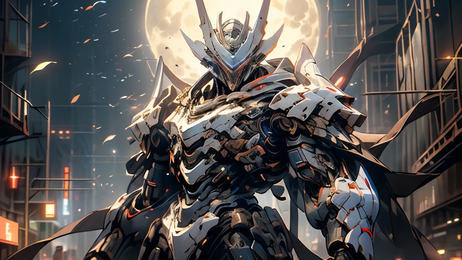 (battlefield), ( Sexy Women), alone, headgear, full armor , Cyberpunk, (( Machine Man )), Mecha, (Unreal Engine 5, high image quality, Best Quality, high image quality, very detailed, very delicate , PROFESSIONAL, anatomically accurate, creativity, RAW photo, 超 high image quality, 32K, natural light, movie light, masterpiece-anatomy-perfect, masterpiece:1.5), Leaves that blow in strong winds , A cloak fluttering in the wind, devil, blue moon, full moon, moonlight