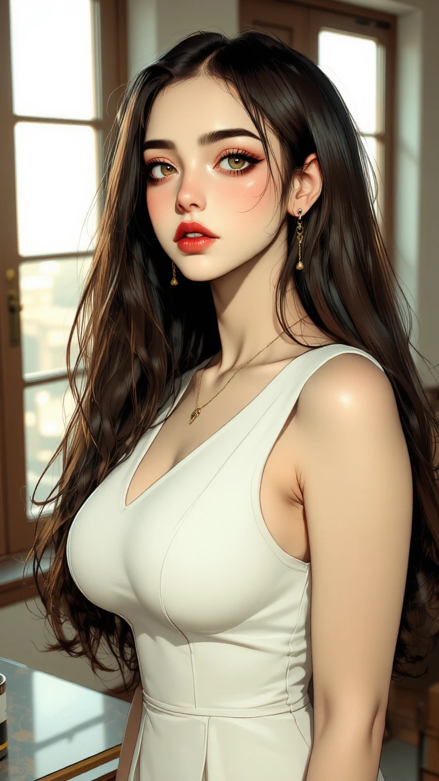 (Highest quality、Tabletop、、Best image quality、Award-winning works)、Extremely cute and lewd high school girl、White polyester collared shirt ripped because her breasts were too big、Short sleeve:1.4)、(Navy Pleated Skirt:1.1)、Girl portrait photography、Glowing Skin、Brown Hair、Are standing、View your viewers、Sculpture Pose、(Classroom Background:1.45)、(Large Breasts:1.8)、Accentuate your body lines:1.1)、Very large red ribbon tie、Very long hair:1.75、((Face after being raped by a man:1.65))