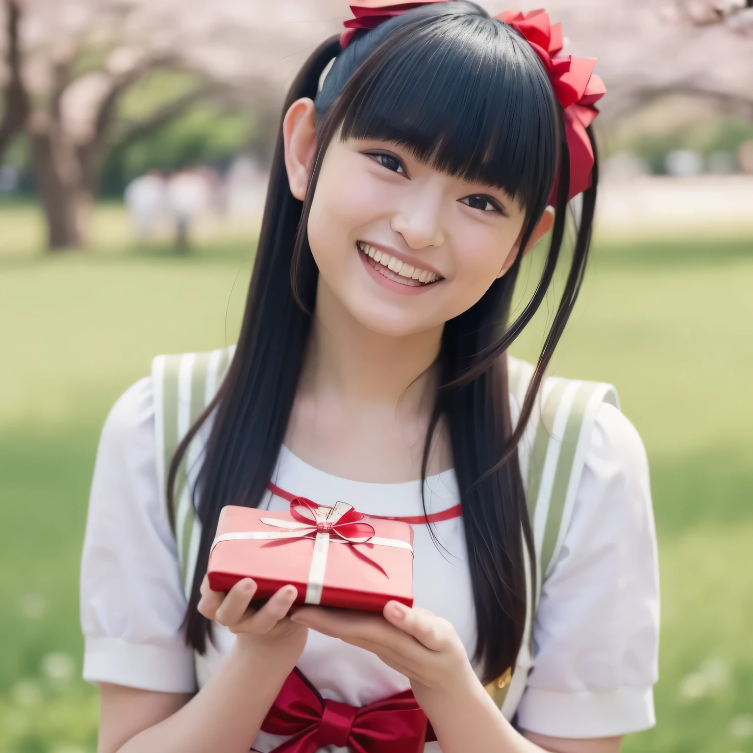 A breathtakingly beautiful 20-year-old woman stands in a lush park filled with cherry blossoms in full bloom beneath a clear blue sky. She wears a classic sailor uniform and gently holds a small, neatly wrapped gift box adorned with a red ribbon. Her radiant smile and joyful expression convey heartfelt happiness. Dark hair, long hair, dark eyes.