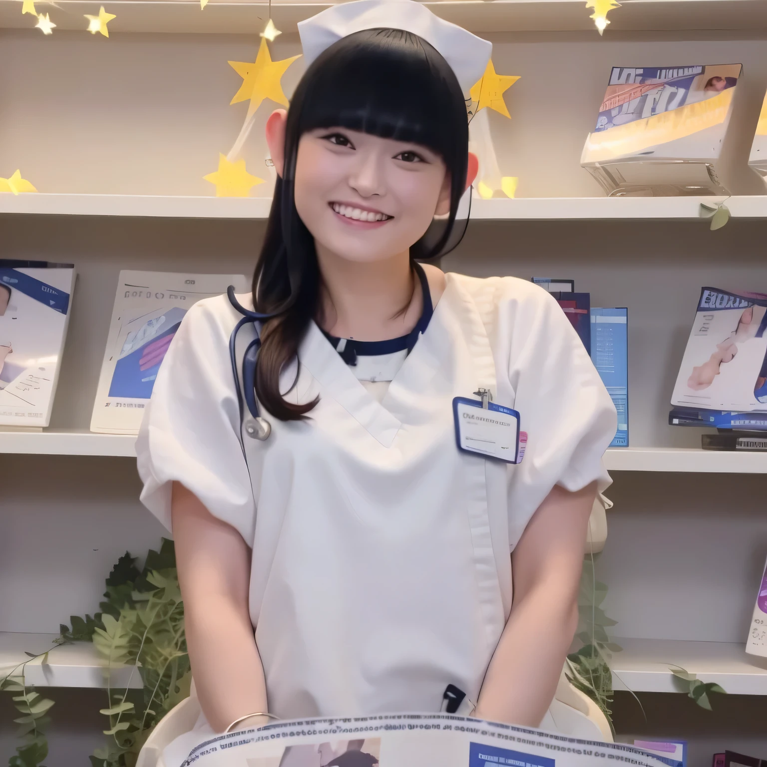 A breathtakingly beautiful 20-year-old woman stands in a warmly lit hospital room, dressed in a white mini-skirt nurse uniform with a matching cap. Her shy smile adds a touch of charm, while the surrounding medical equipment and furnishings create an authentic yet welcoming atmosphere. Dark hair, long hair, dark eyes.