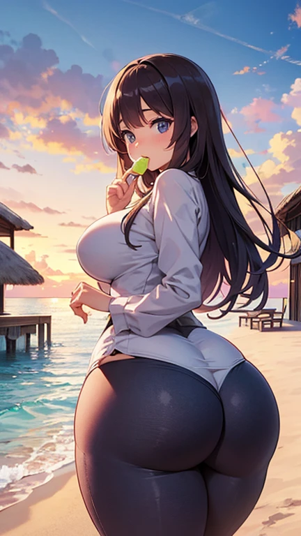 High resolution, high quality, 1 girl, anime girl,NSFW,(widen the anus:1.6), brown long hair, brown eyes,heart-shaped pupil, green glasses, tanned skin, big breasts,beautiful breasts,pointed chest,long nipples,erect nipples,(big ass),beautiful butt,Ahegao,bottomless,high leg swimsuit,anal,sex,Are standing,on the beach,