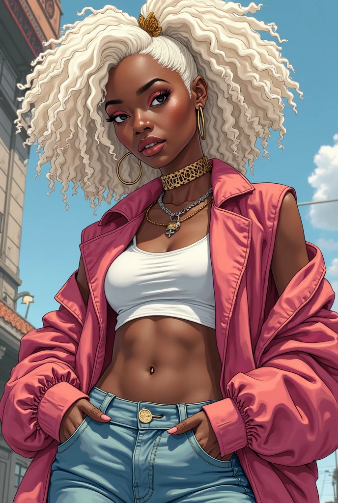 a very attractive ebony skinned female wearing a cropped white tanktop showing toned belly, is thicc, has green eyes has puffy curly hair, wearing torn jean shorts with fishnets showing