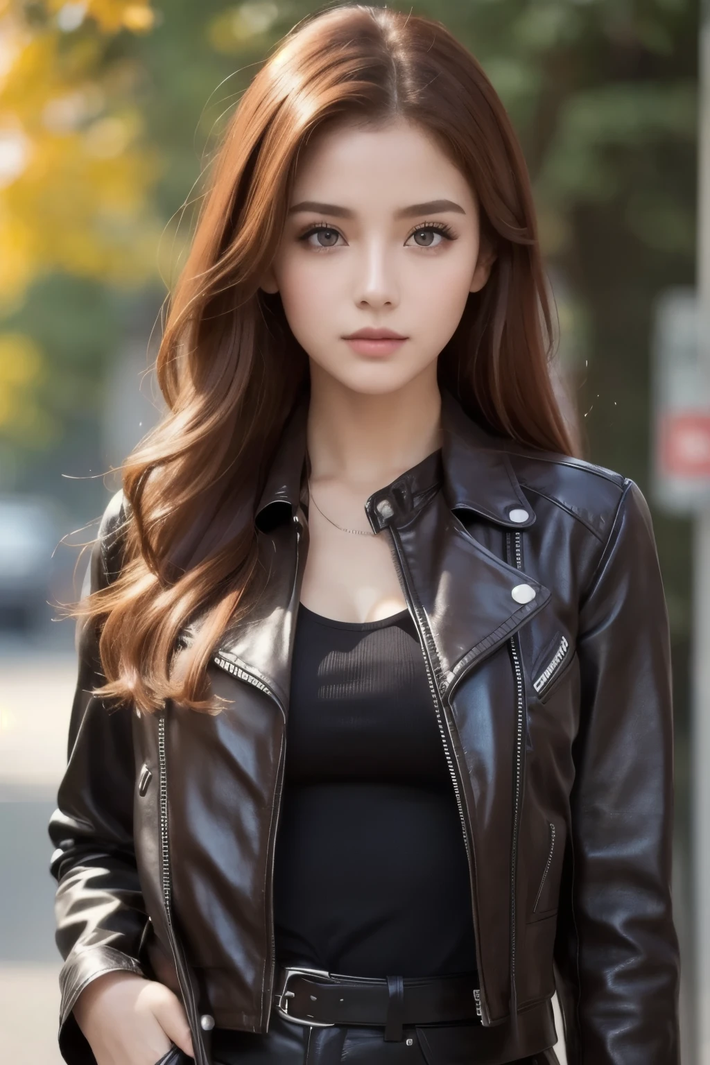 best quality , Masterpiece, ( realistic: 1.2), 1 girl, slim girls, Red Hair, brown eyes, Front , detailed face, beautiful eyes, brown eyes, big eyes, small breasts, Cleevidge , black leather jacket,cool girl,cool pose