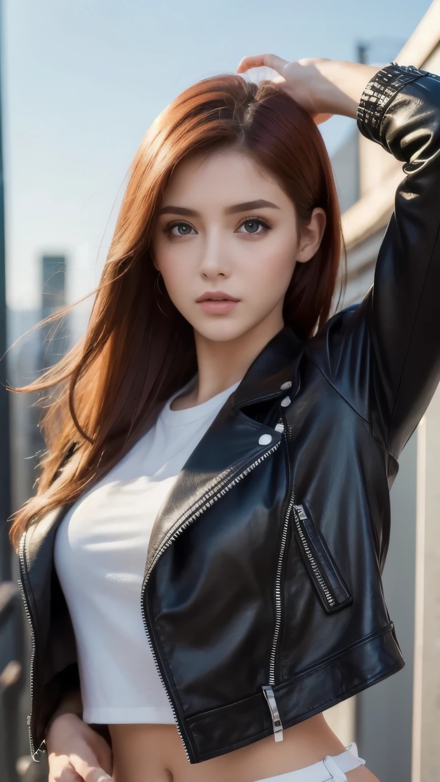 best quality , Masterpiece, ( realistic: 1.2), 1 girl, slim girls, Red Hair, brown eyes, Front , detailed face, beautiful eyes, brown eyes, big eyes, small breasts, Cleevidge , black leather jacket,cool girl,cool pose
