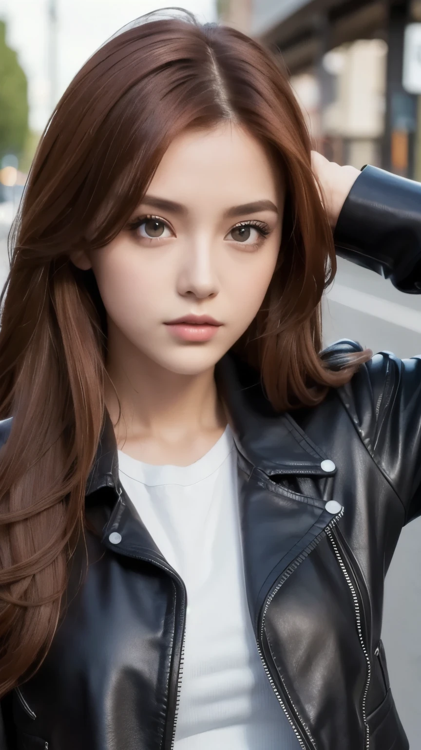  best quality , Masterpiece, ( realistic: 1.2),  1 girl,  slim girls, Red Hair,  brown eyes, Front ,  detailed face,  beautiful eyes,  brown eyes,  big eyes,  small breasts,  Cleevidge , black leather jacket,cool girl,cool pose